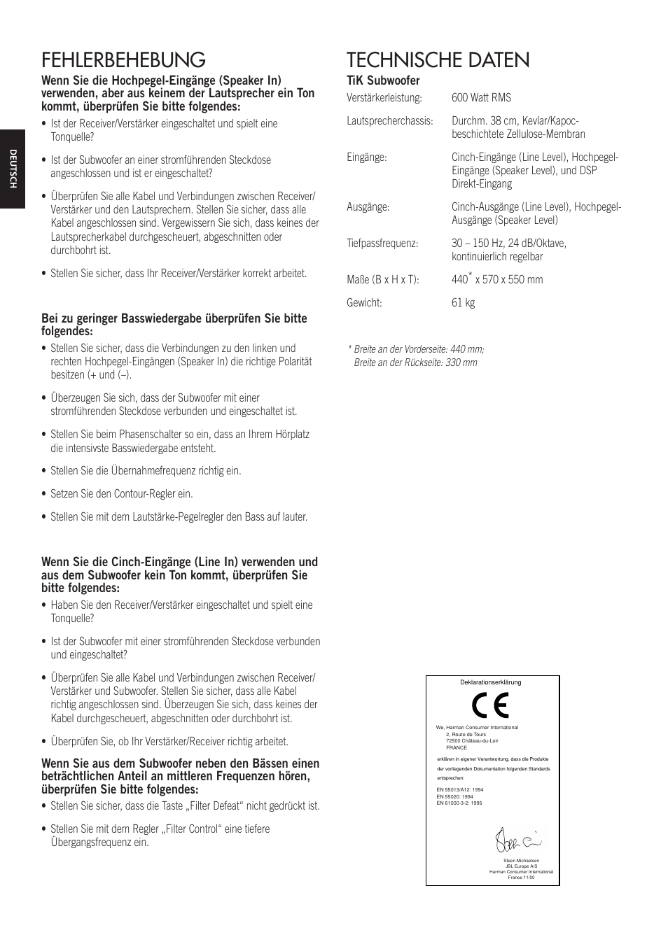 Fehlerbehebung, Technische daten, Tik subwoofer | JBL TiK Sub User Manual | Page 9 / 14