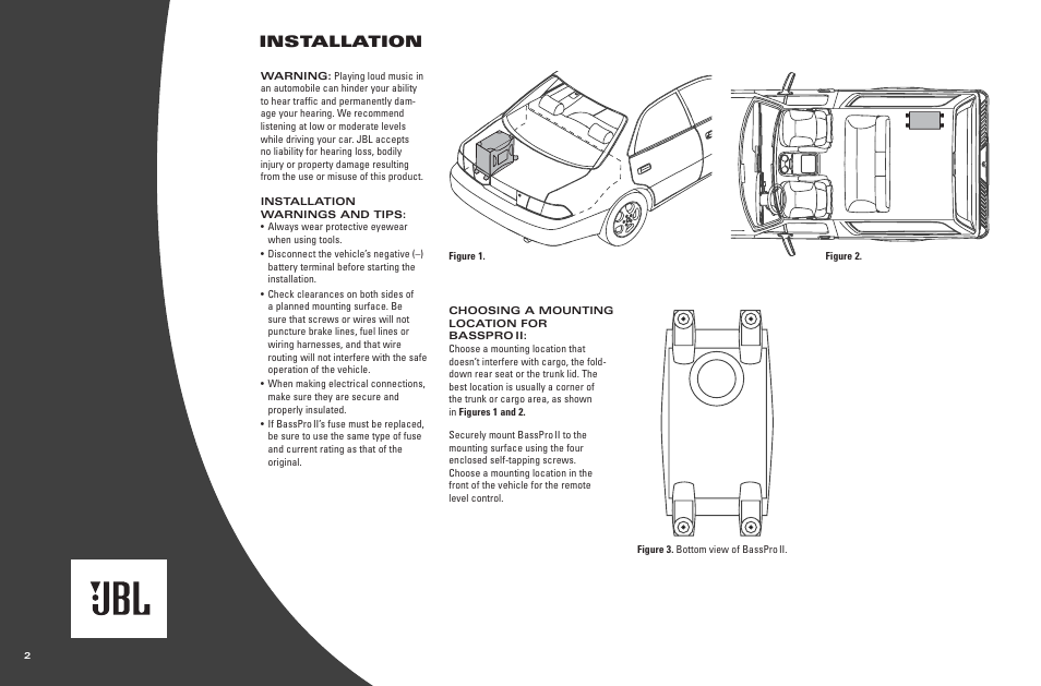 Installation | JBL BassProTM II User Manual | Page 2 / 8