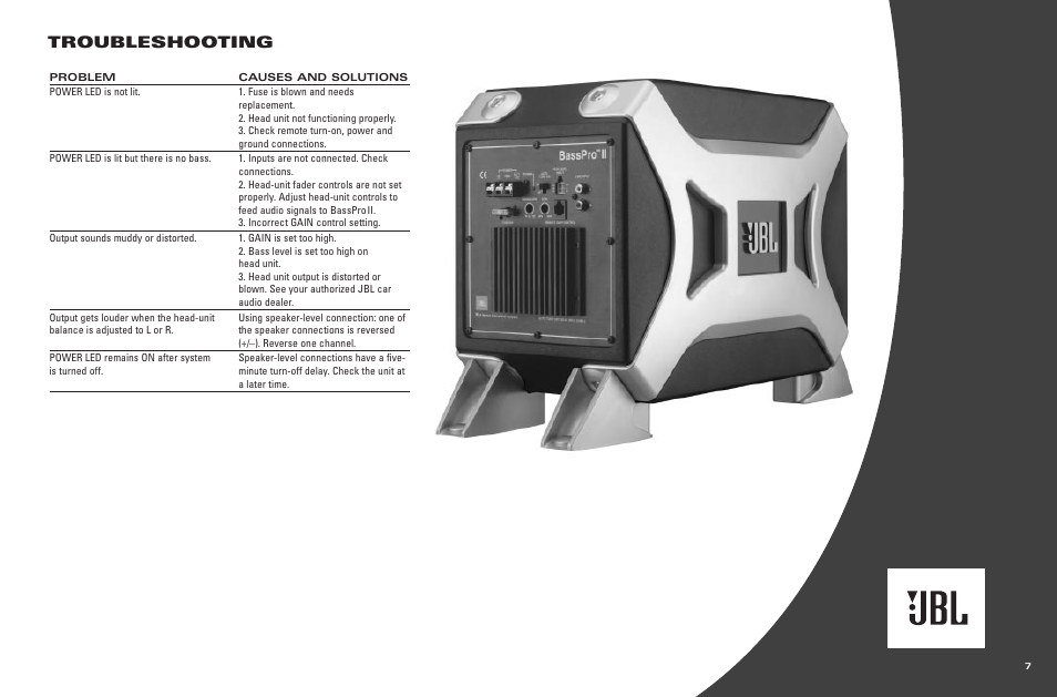 Troubleshooting | JBL BassProTM II User Manual | Page 7 / 8