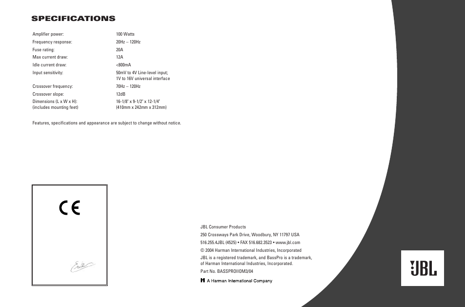 Specifications | JBL BassProTM II User Manual | Page 8 / 8