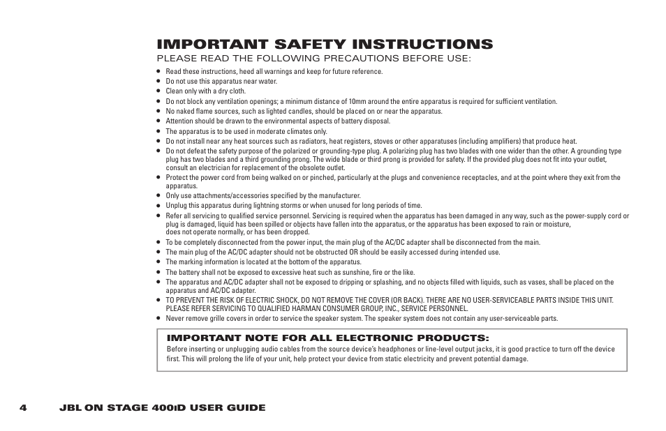 Important safety instructions | JBL 400ID User Manual | Page 2 / 8