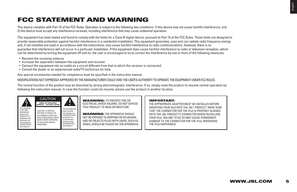 Fcc statement and warning | JBL 400ID User Manual | Page 3 / 8