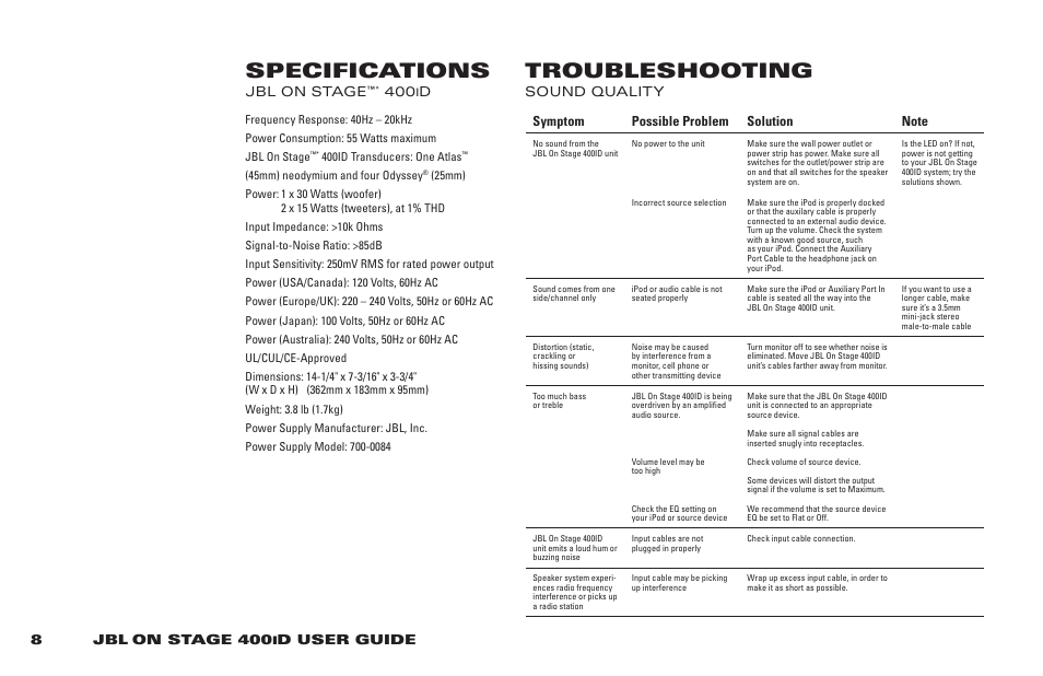 Specifications troubleshooting, 8jbl on stage 400, D user guide | Jbl on stage | JBL 400ID User Manual | Page 6 / 8