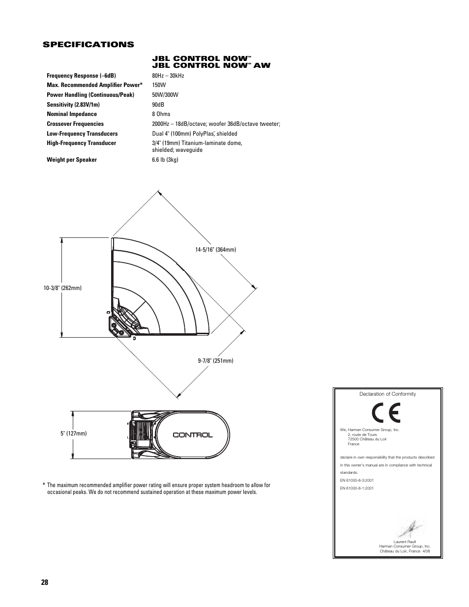 Specifications | JBL CONTROL NOW AW User Manual | Page 28 / 30