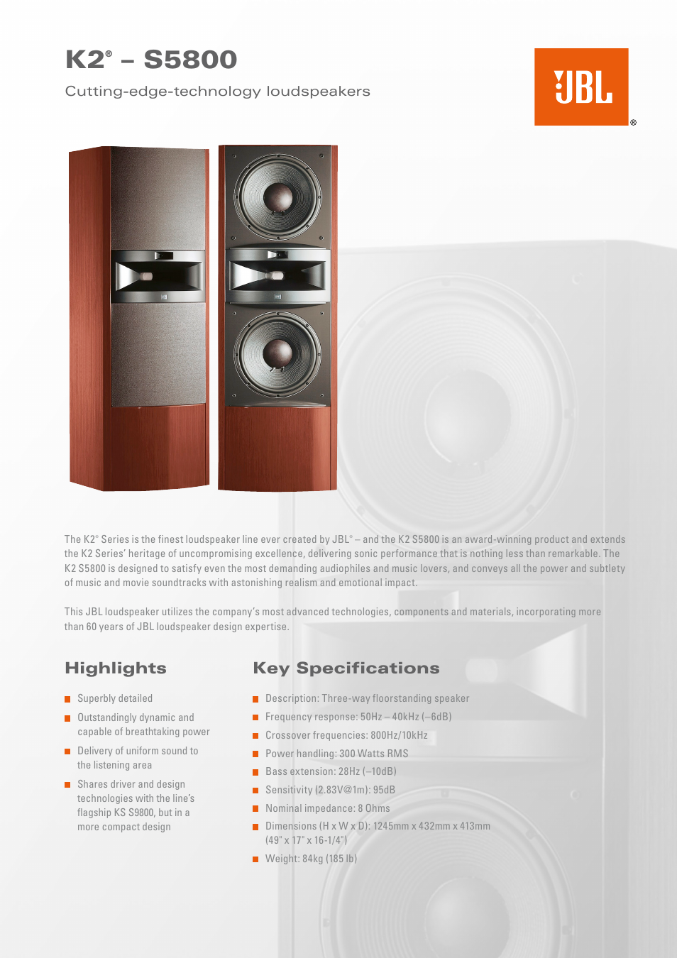 JBL K2 S5800 User Manual | 2 pages