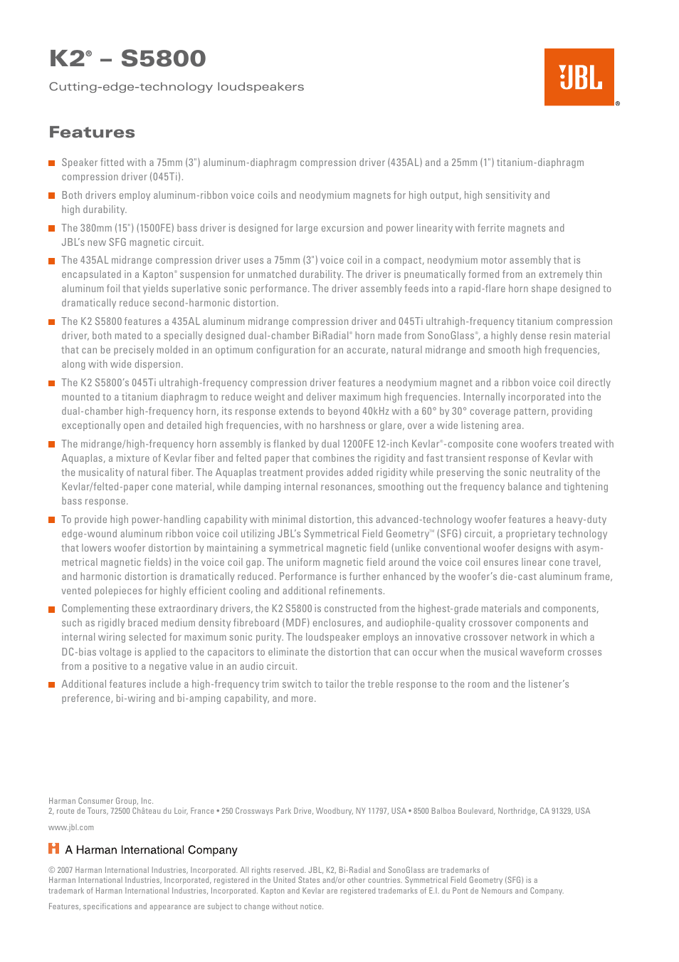 S5800, Features | JBL K2 S5800 User Manual | Page 2 / 2