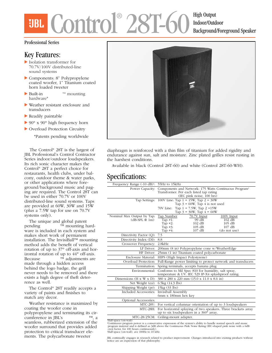 JBL Control 28T-60 User Manual | 4 pages