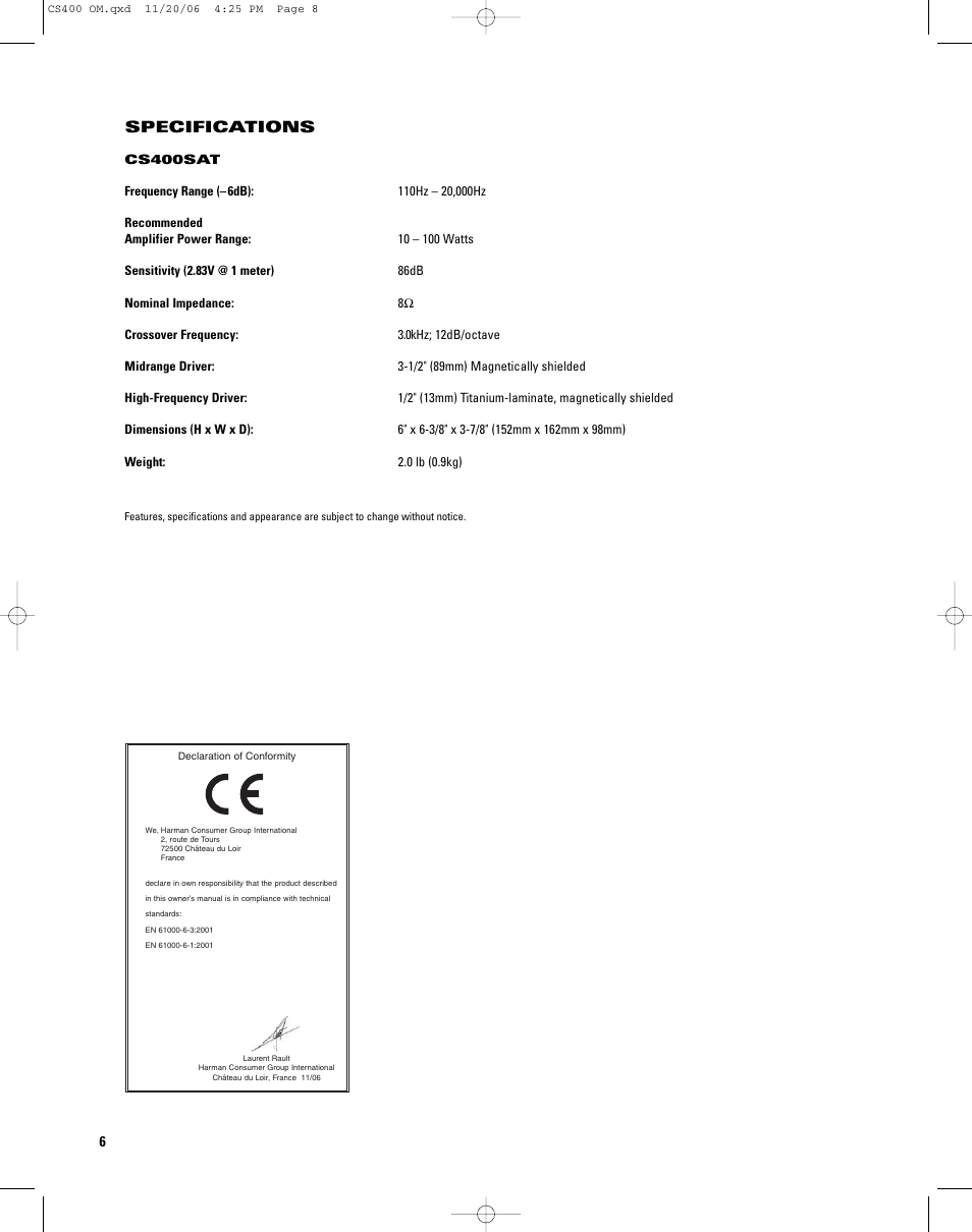 Specifications | JBL CS400SAT User Manual | Page 6 / 8