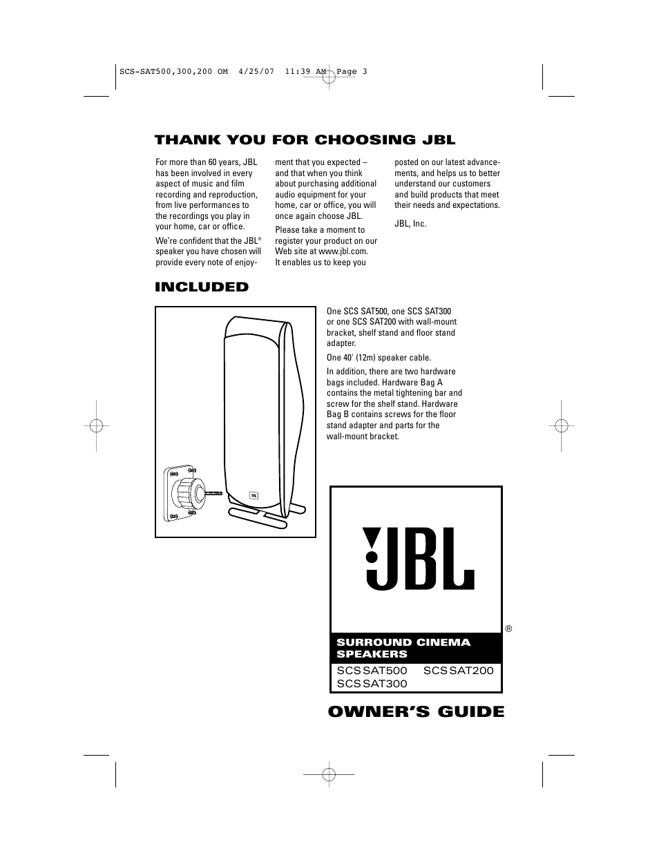 JBL SCS-SAT500 User Manual | 8 pages