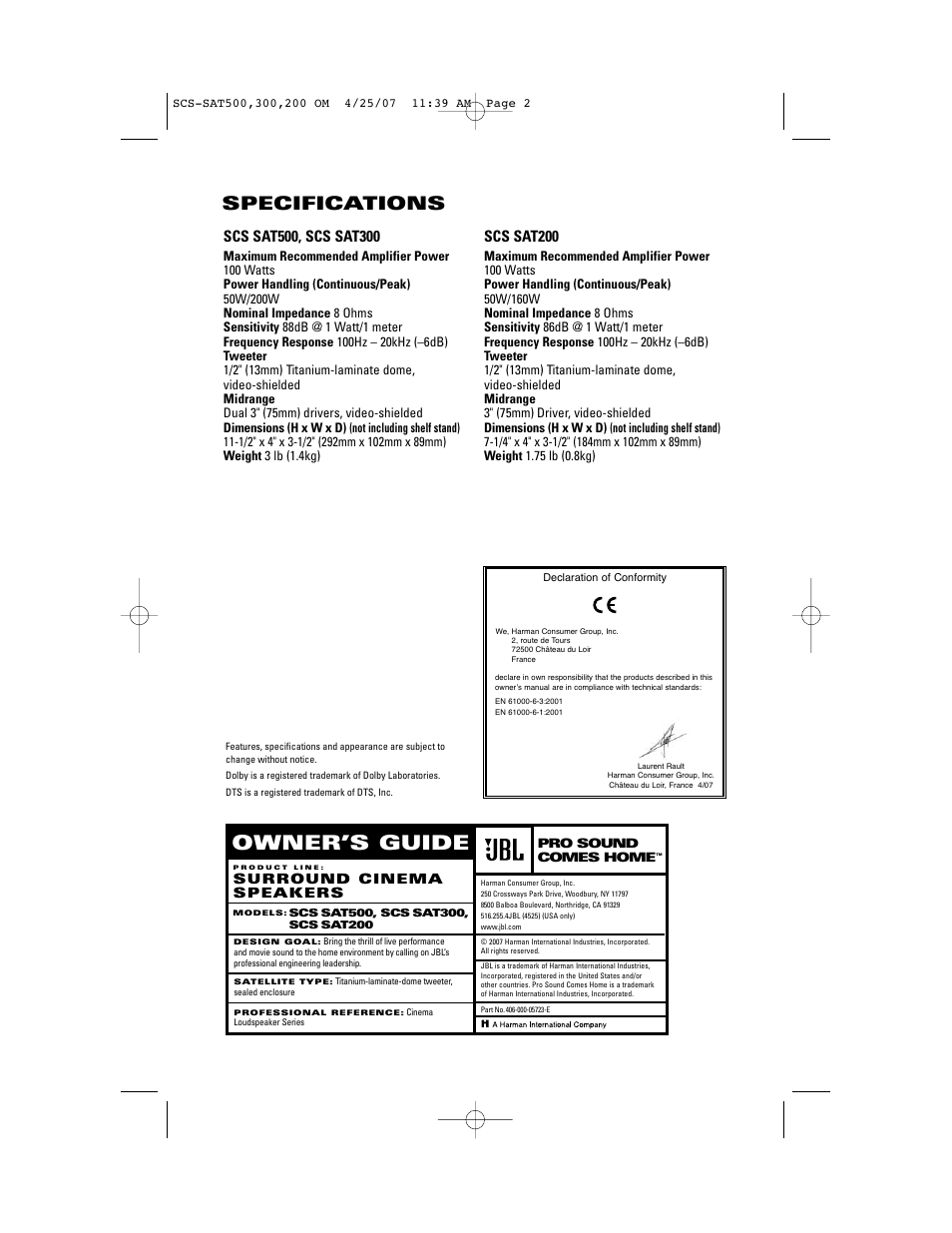 Owner’s guide, Specifications, Scs sat200 | Surround cinema speakers | JBL SCS-SAT500 User Manual | Page 2 / 8