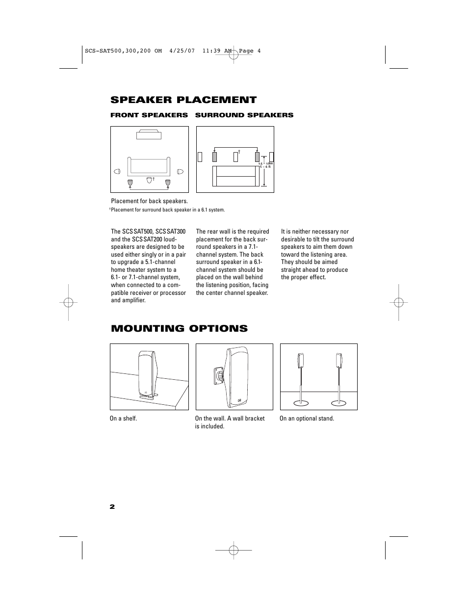 Mounting options, Speaker placement | JBL SCS-SAT500 User Manual | Page 3 / 8