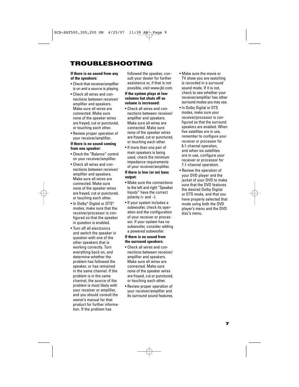 Troubleshooting | JBL SCS-SAT500 User Manual | Page 8 / 8