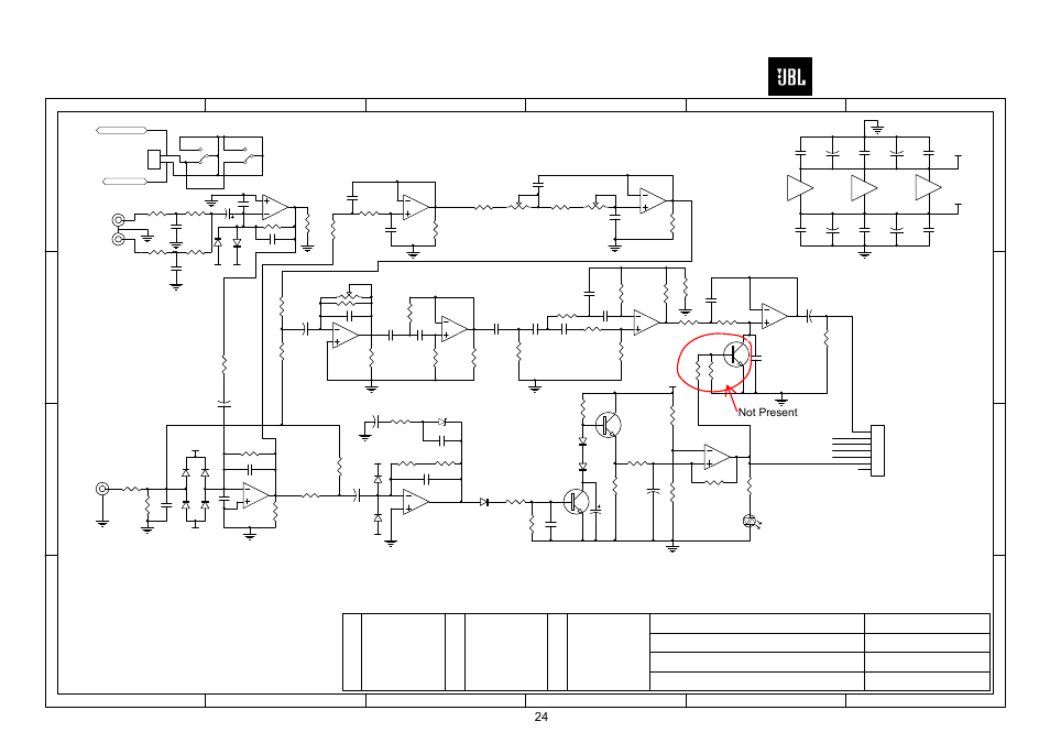 Schematics……………………….……………………24, Balboa series sub10, Not present | Apvd dsgn draw | JBL Balboa SUB10 User Manual | Page 25 / 27