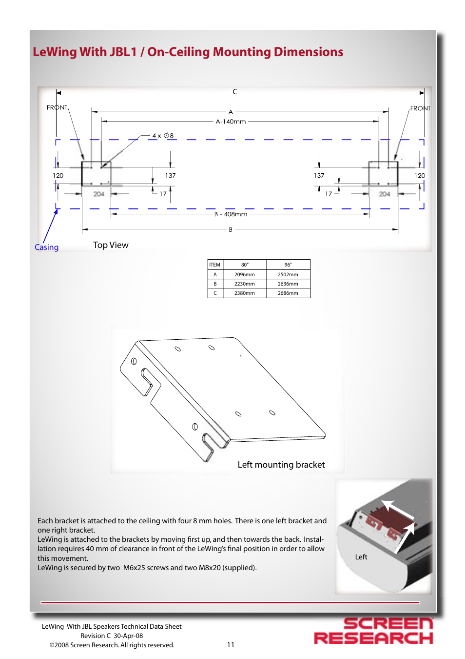 Lewing with jbl1 / on-ceiling mounting dimensions, Left mounting bracket, Top view | JBL Speakers User Manual | Page 11 / 18