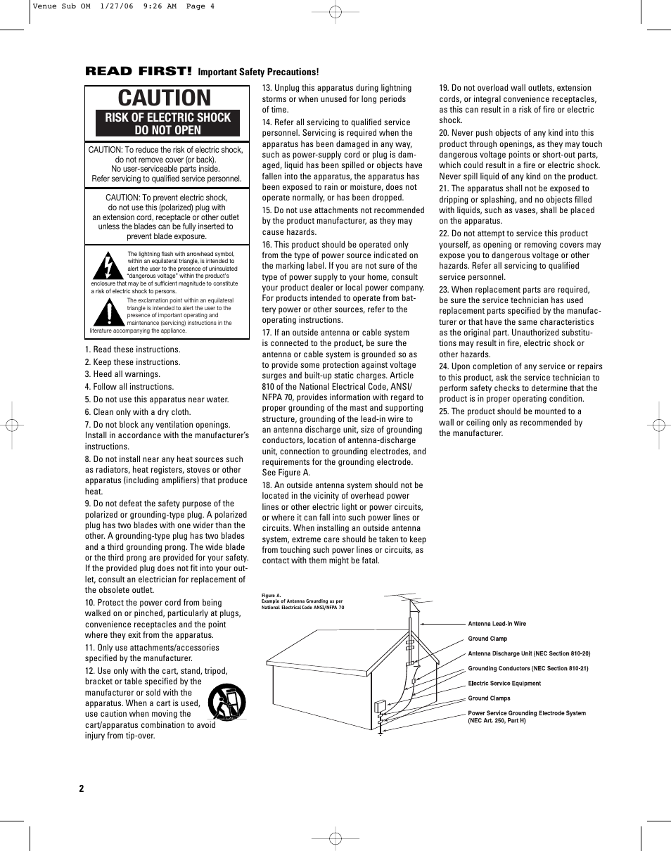 Caution, Read first, Risk of electric shock do not open | JBL SUB12 User Manual | Page 2 / 8