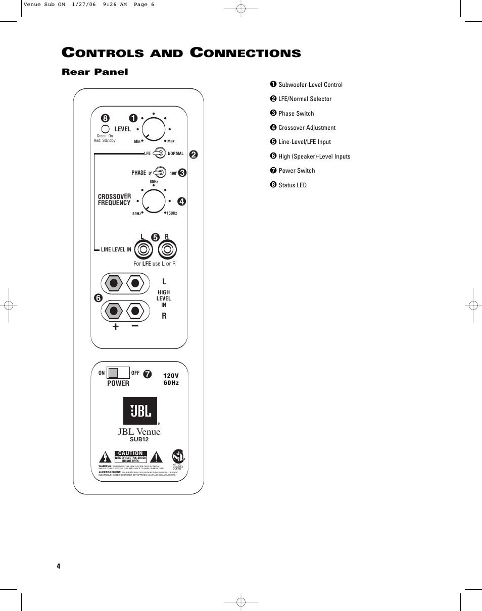 Ontrols and, Onnections, Jbl venue | Rear panel | JBL SUB12 User Manual | Page 4 / 8