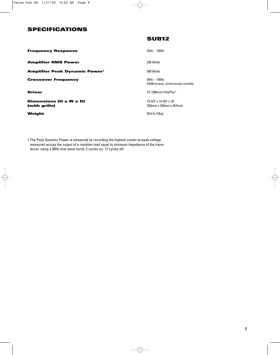 Specifications sub12 | JBL SUB12 User Manual | Page 7 / 8