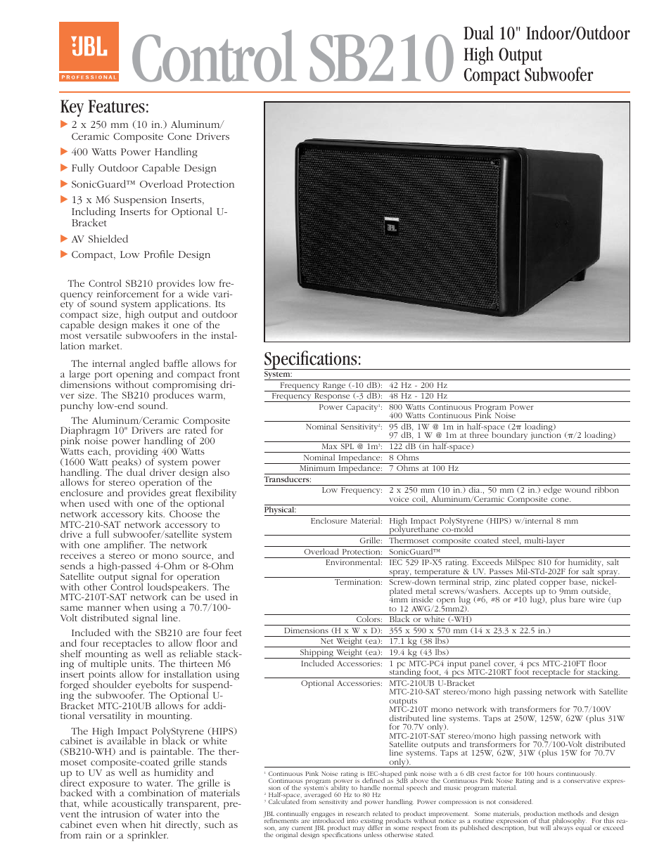 JBL Control SB210 User Manual | 2 pages