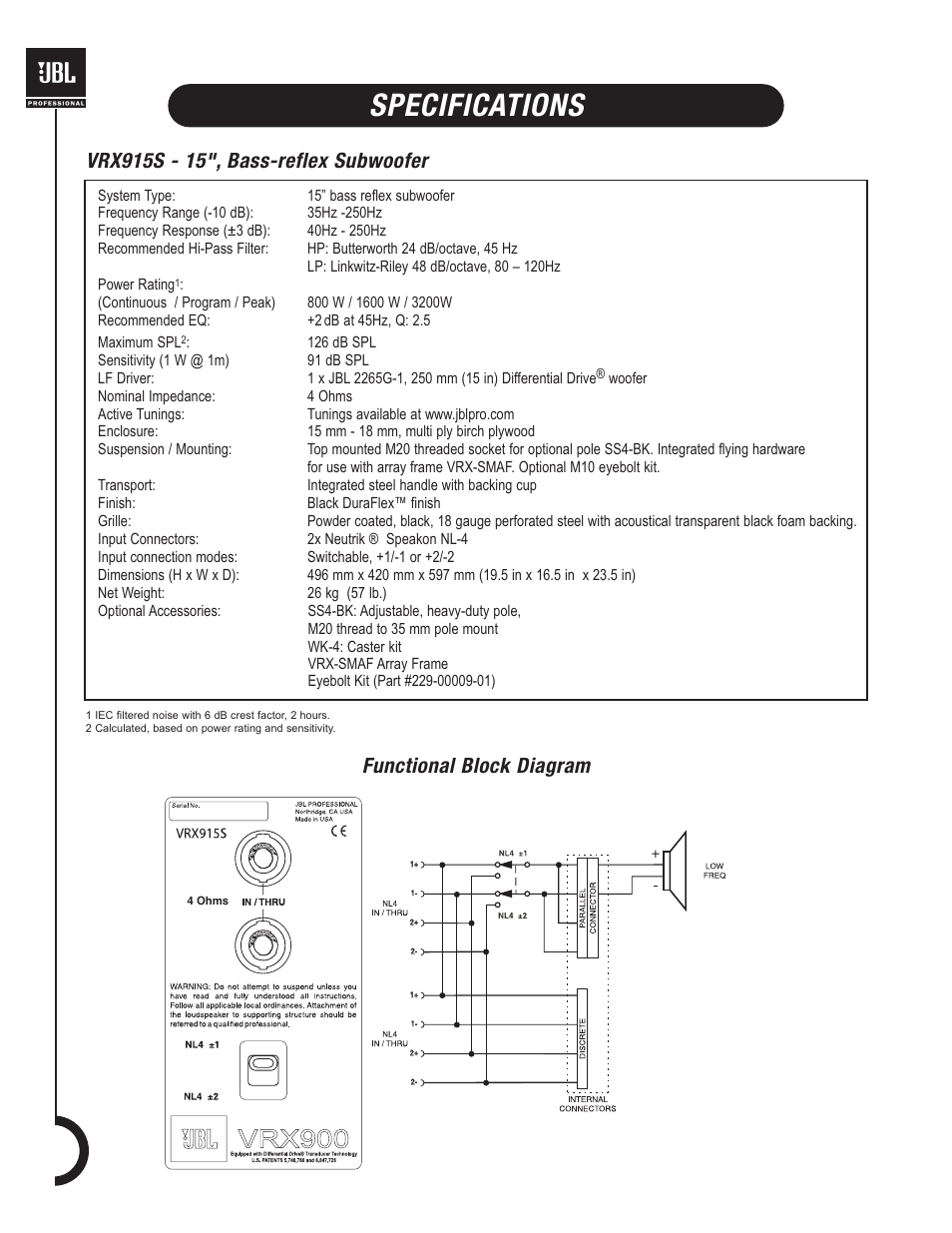 Specifications, Functional block diagram | JBL VRX900 User Manual | Page 10 / 24