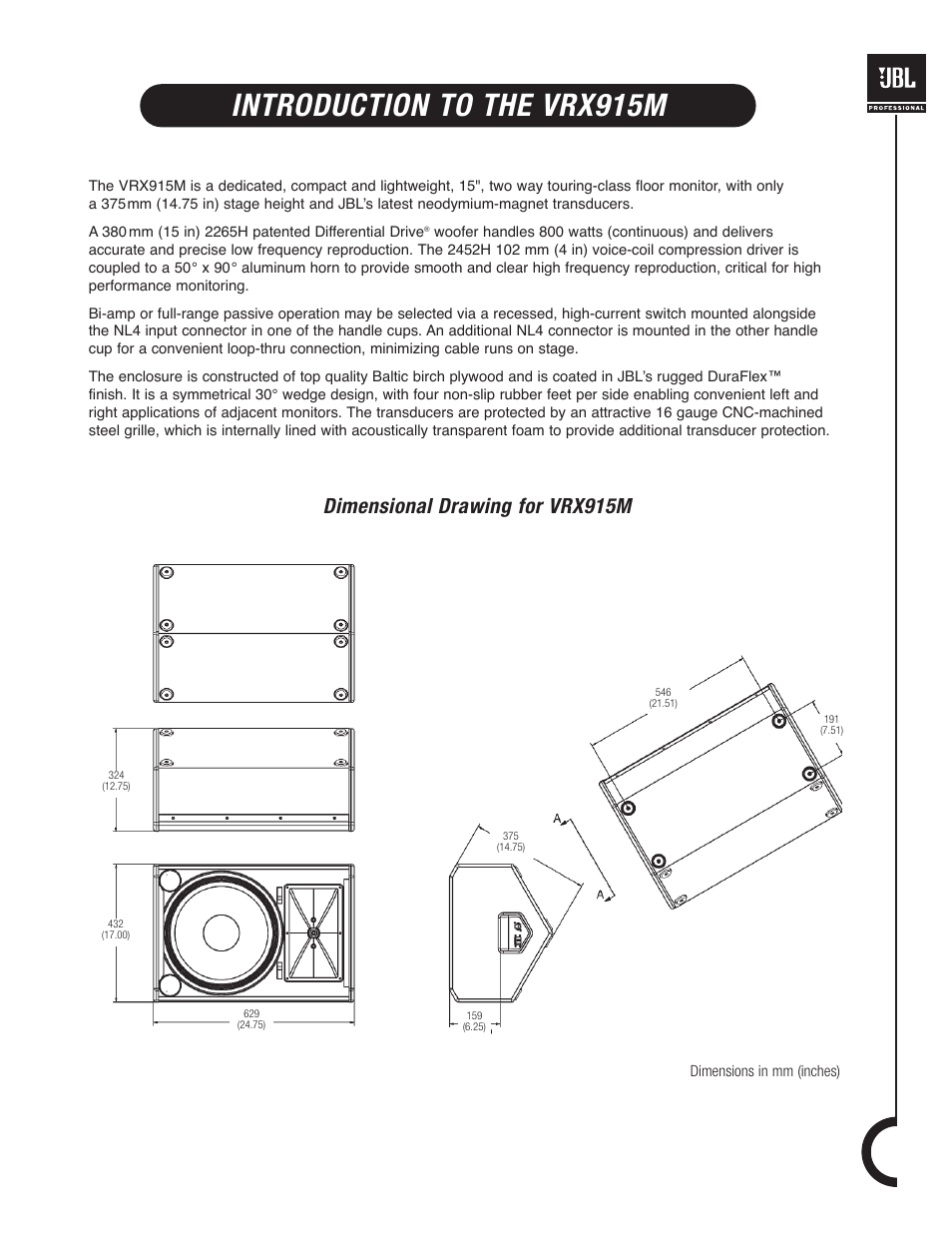 Introduction to the vrx915m, Dimensional drawing for vrx915m | JBL VRX900 User Manual | Page 11 / 24