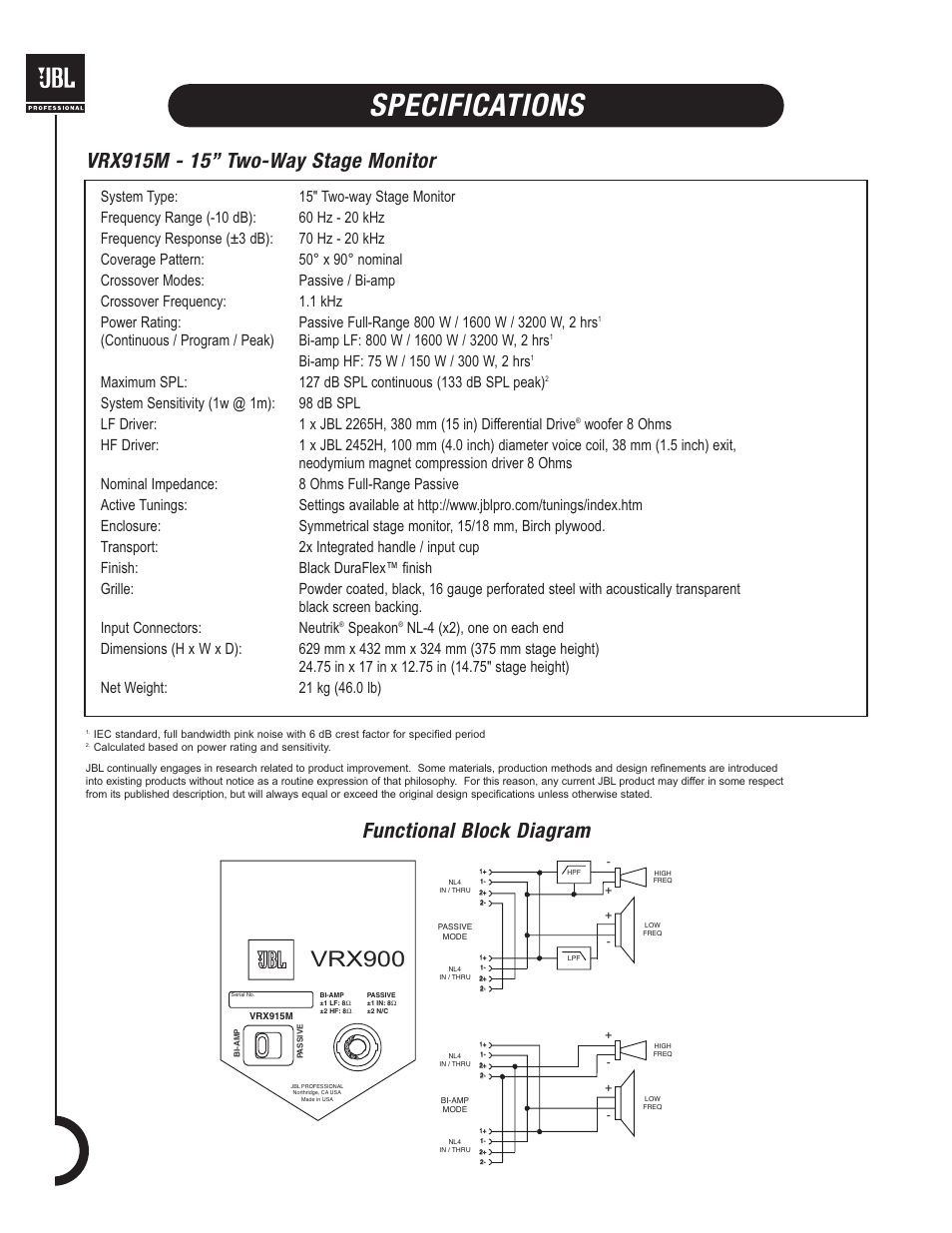 Specifications, Functional block diagram, Vrx900 | Speakon | JBL VRX900 User Manual | Page 12 / 24