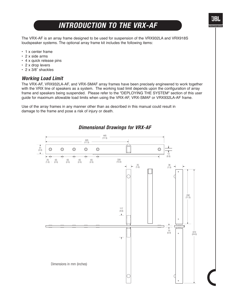 Introduction to the vrx-af, Working load limit, Dimensional drawings for vrx-af | Dimensions in mm (inches) | JBL VRX900 User Manual | Page 13 / 24