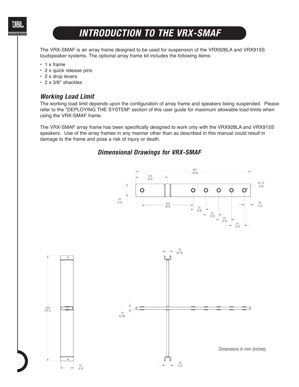 Introduction to the vrx-smaf, Working load limit, Dimensional drawings for vrx-smaf | JBL VRX900 User Manual | Page 14 / 24