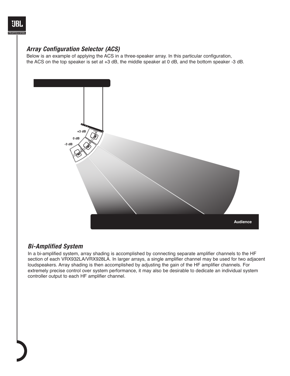 Bi-amplified system, Array configuration selector (acs) | JBL VRX900 User Manual | Page 16 / 24