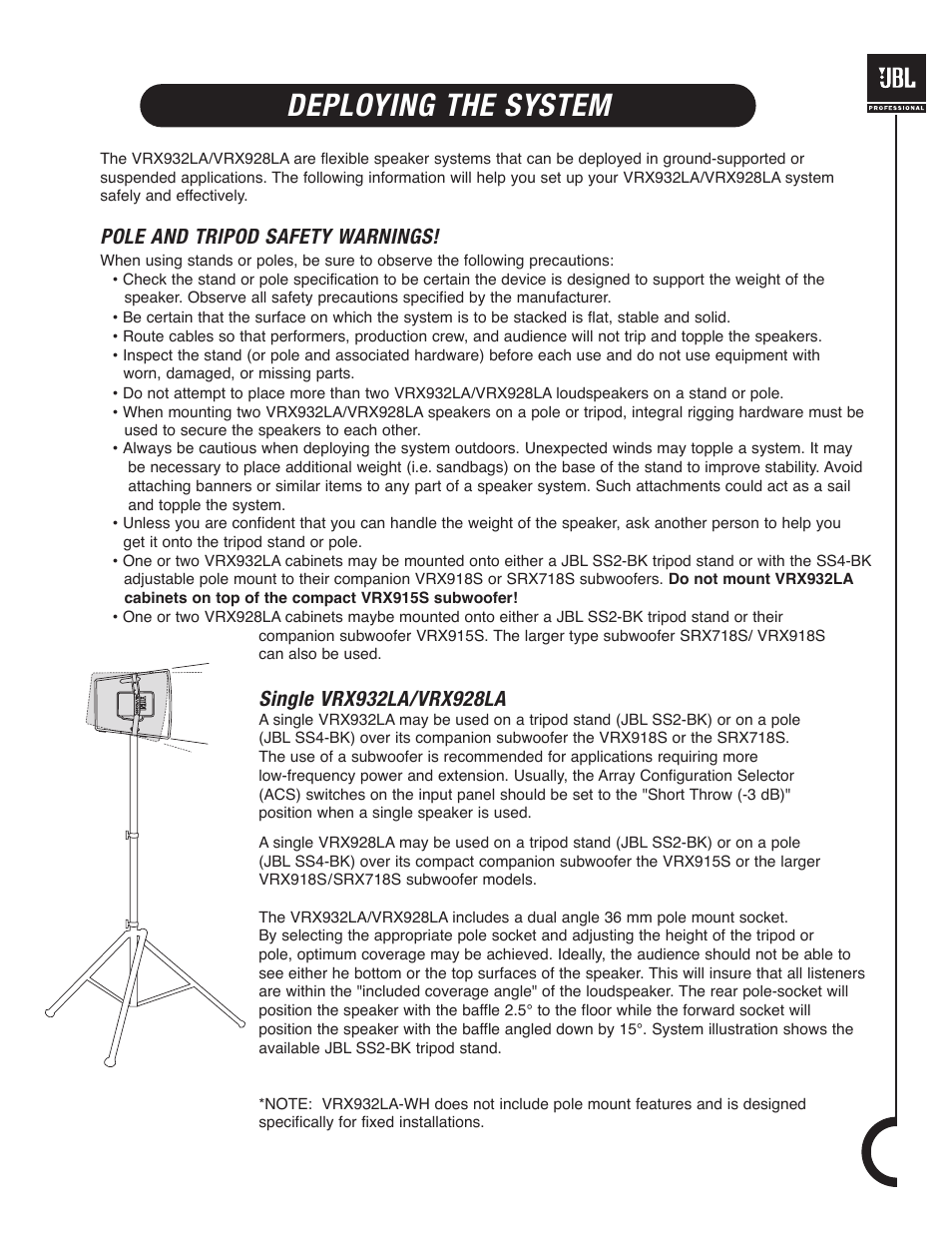 Deploying the system, Pole and tripod safety warnings | JBL VRX900 User Manual | Page 17 / 24