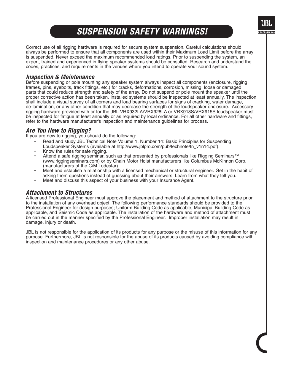 Suspension safety warnings | JBL VRX900 User Manual | Page 19 / 24