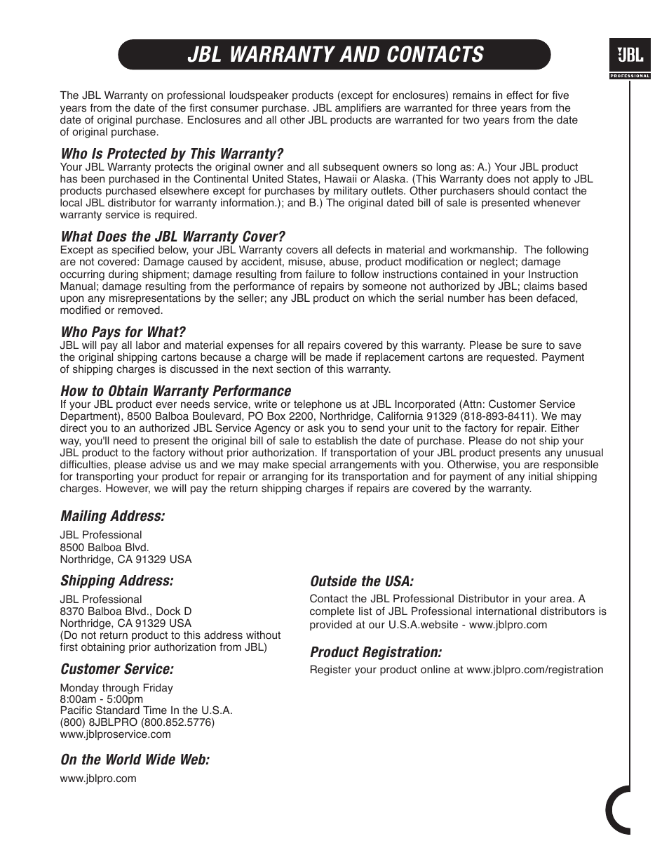 Jbl warranty and contacts | JBL VRX900 User Manual | Page 23 / 24