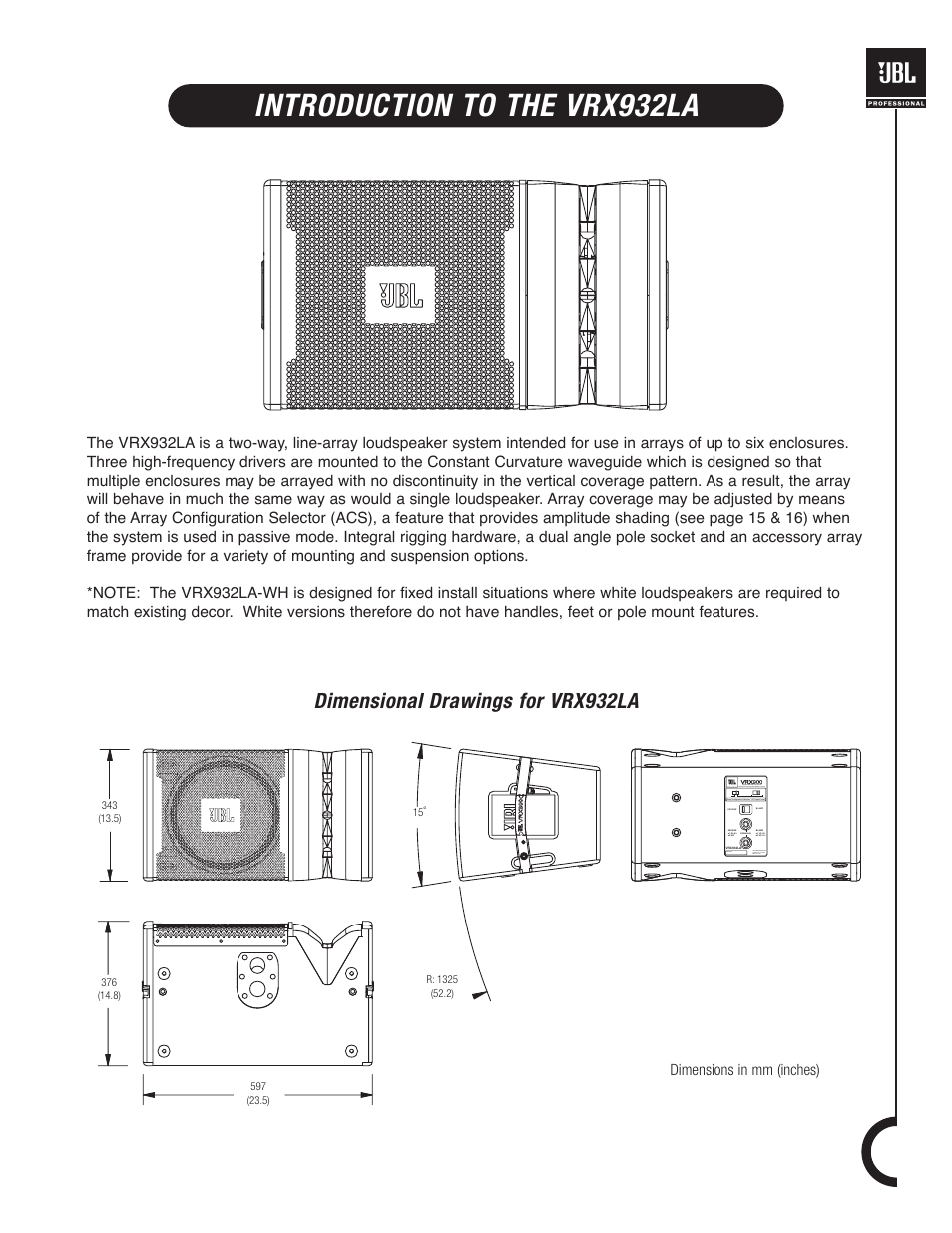 Introduction to the vrx932la, Dimensional drawings for vrx932la, Dimensions in mm (inches) | JBL VRX900 User Manual | Page 3 / 24