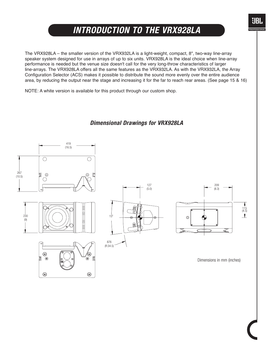 Introduction to the vrx928la, Dimensional drawings for vrx928la | JBL VRX900 User Manual | Page 5 / 24