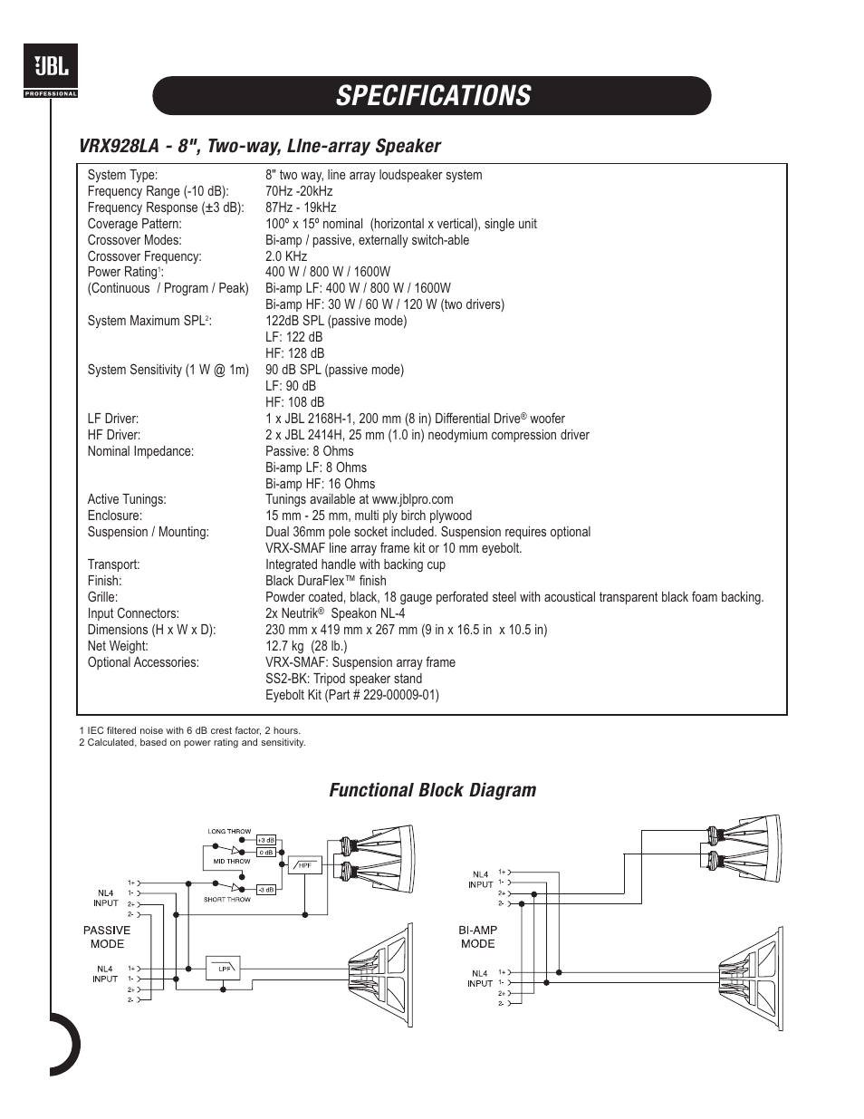 Specifications, Vrx928la - 8", two-way, llne-array speaker, Functional block diagram | JBL VRX900 User Manual | Page 6 / 24