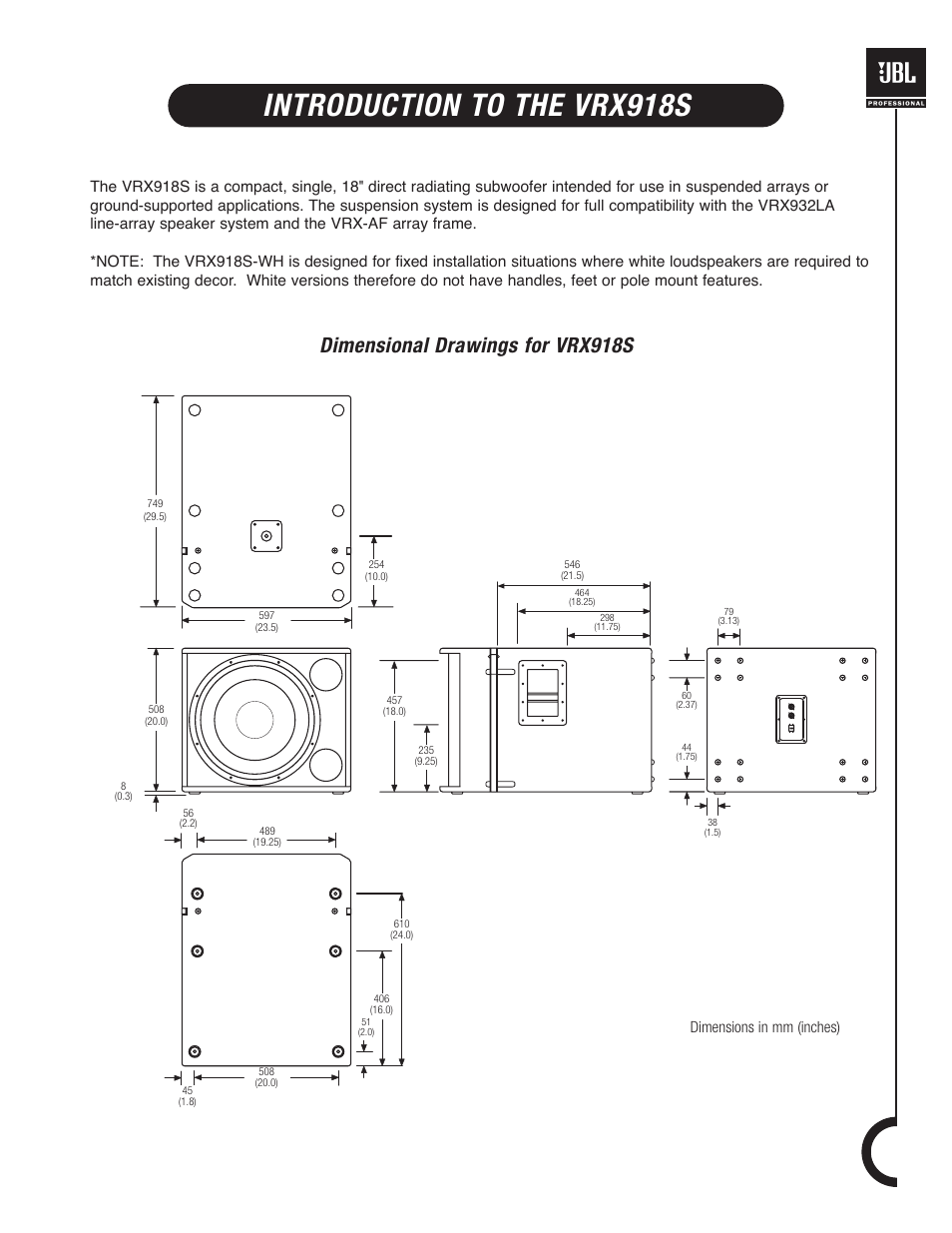 Introduction to the vrx918s, Dimensional drawings for vrx918s, Dimensions in mm (inches) | JBL VRX900 User Manual | Page 7 / 24