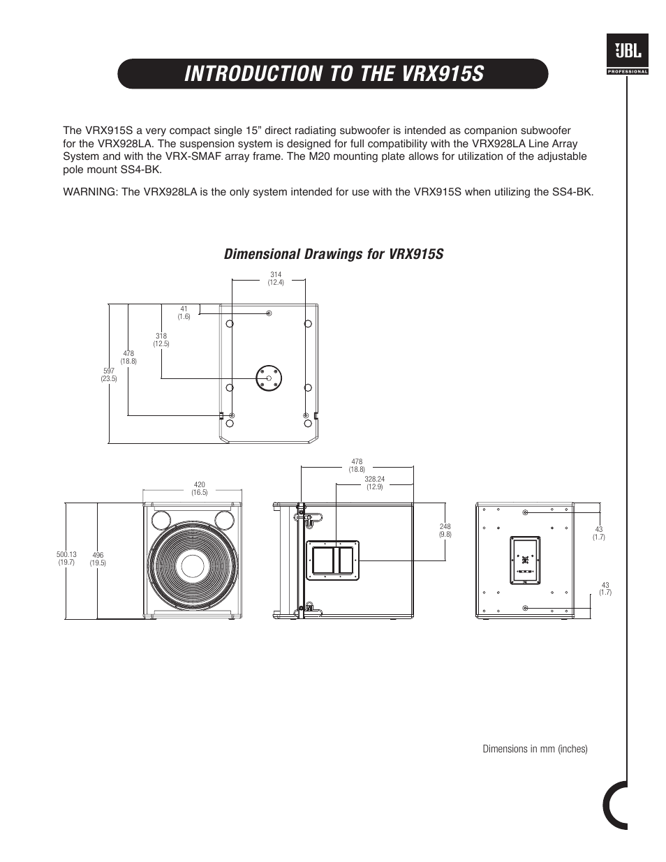 Introduction to the vrx915s, Dimensional drawings for vrx915s, Dimensions in mm (inches) | JBL VRX900 User Manual | Page 9 / 24