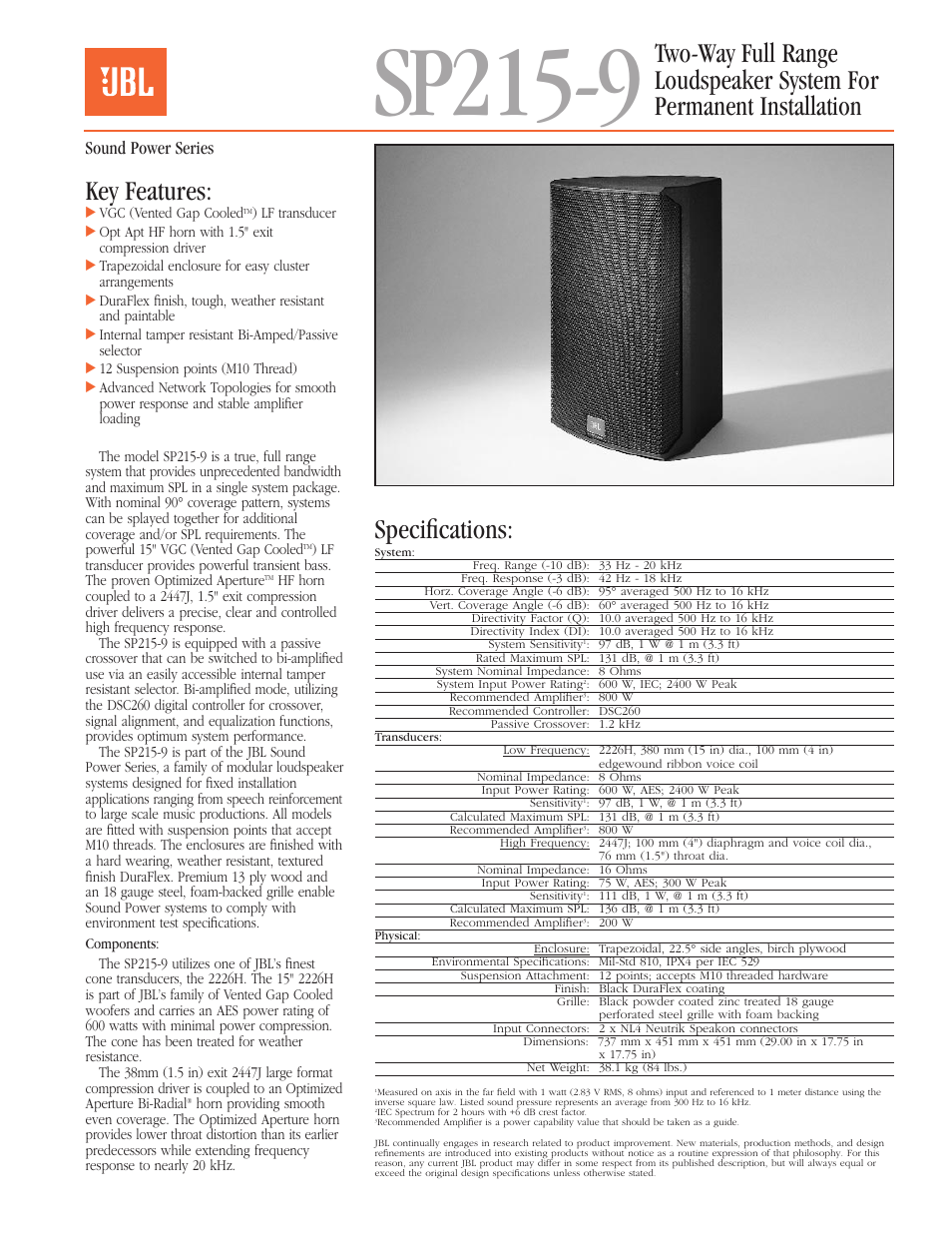 JBL Sound Power Series SP215-9 User Manual | 4 pages