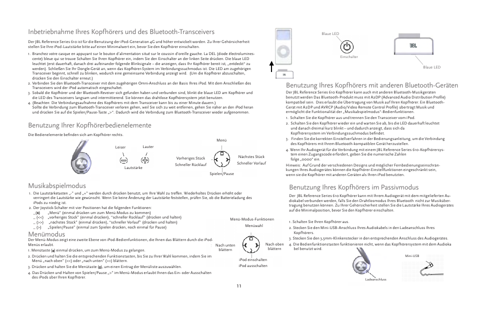 Musikabspielmodus, Benutzung ihrer kopfhörerbedienelemente, Menümodus | JBL 610 User Manual | Page 11 / 68