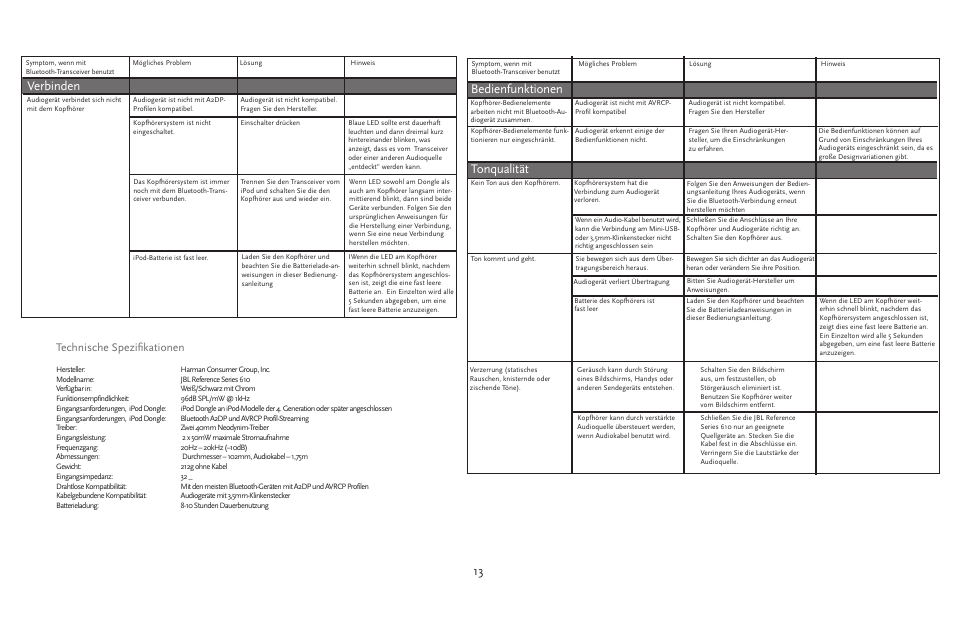 Verbinden, Tonqualität, Bedienfunktionen | Technische spezifikationen | JBL 610 User Manual | Page 13 / 68