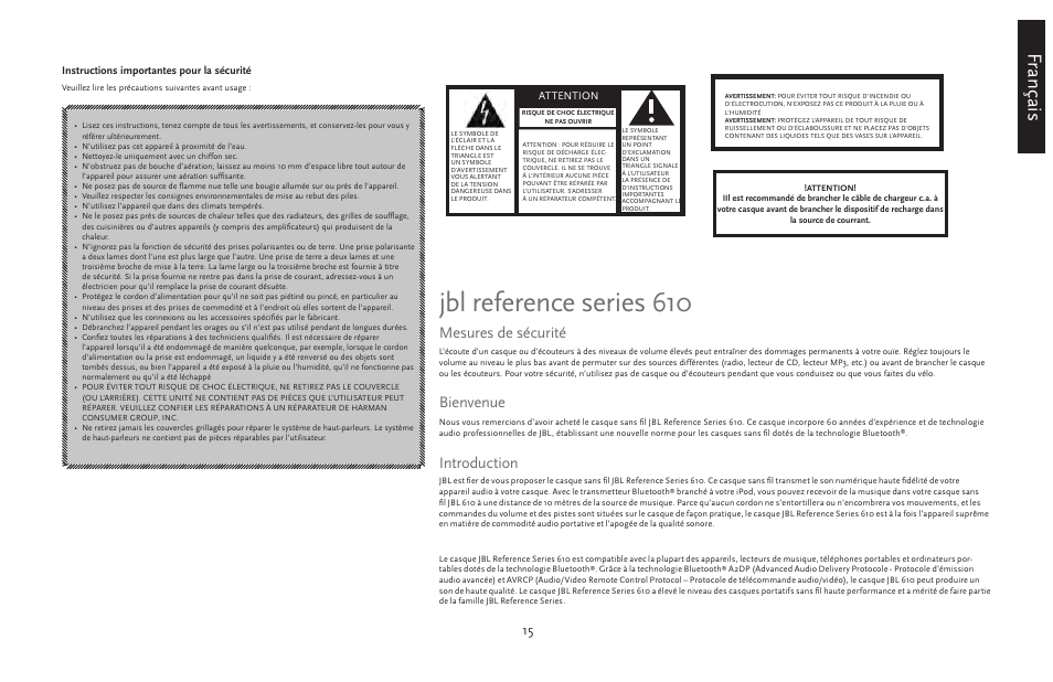 Jbl reference series 610, Français, Mesures de sécurité | Bienvenue, Introduction | JBL 610 User Manual | Page 15 / 68