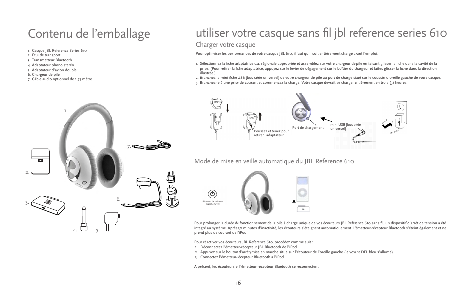 Contenu de l’emballage, Charger votre casque | JBL 610 User Manual | Page 16 / 68