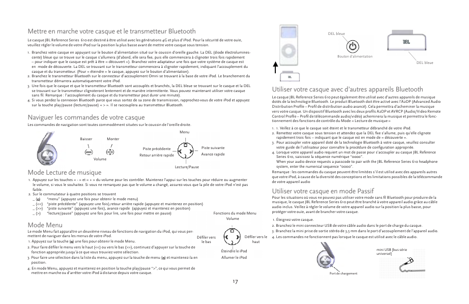 Naviguer les commandes de votre casque, Mode lecture de musique, Mode menu | JBL 610 User Manual | Page 17 / 68