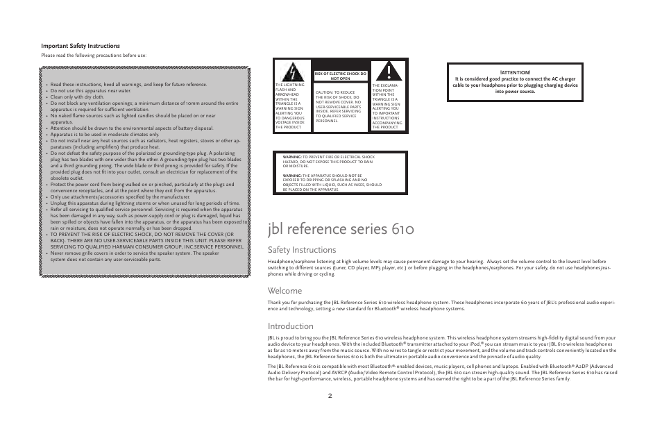 Jbl reference series 610, Safety instructions, Welcome | Introduction, Caution | JBL 610 User Manual | Page 2 / 68