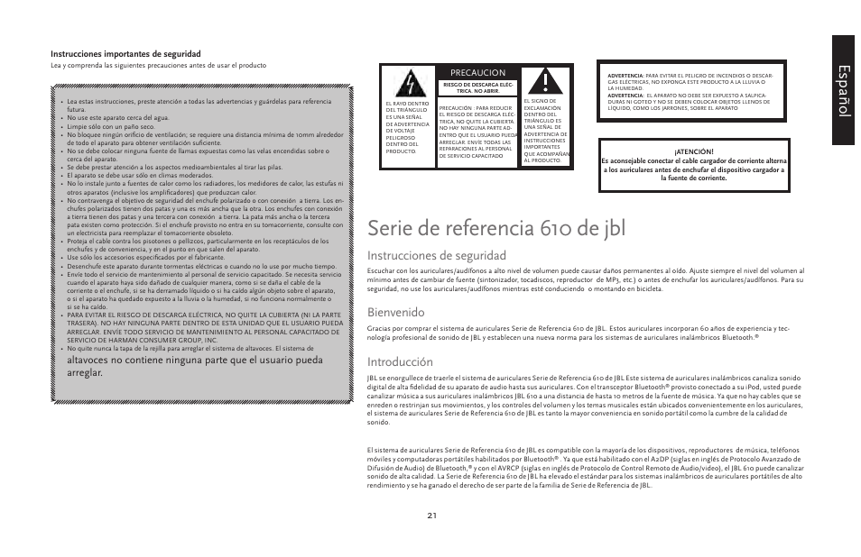 Serie de referencia 610 de jbl, Español, Instrucciones de seguridad | Bienvenido, Introducción | JBL 610 User Manual | Page 21 / 68