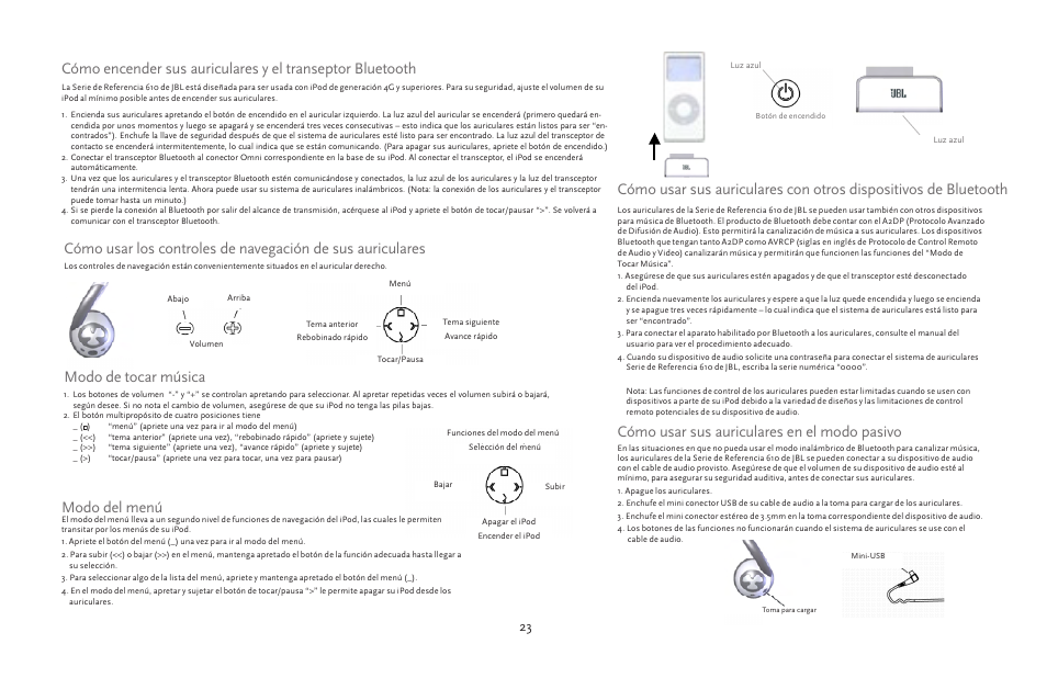 Modo de tocar música, Modo del menú | JBL 610 User Manual | Page 23 / 68