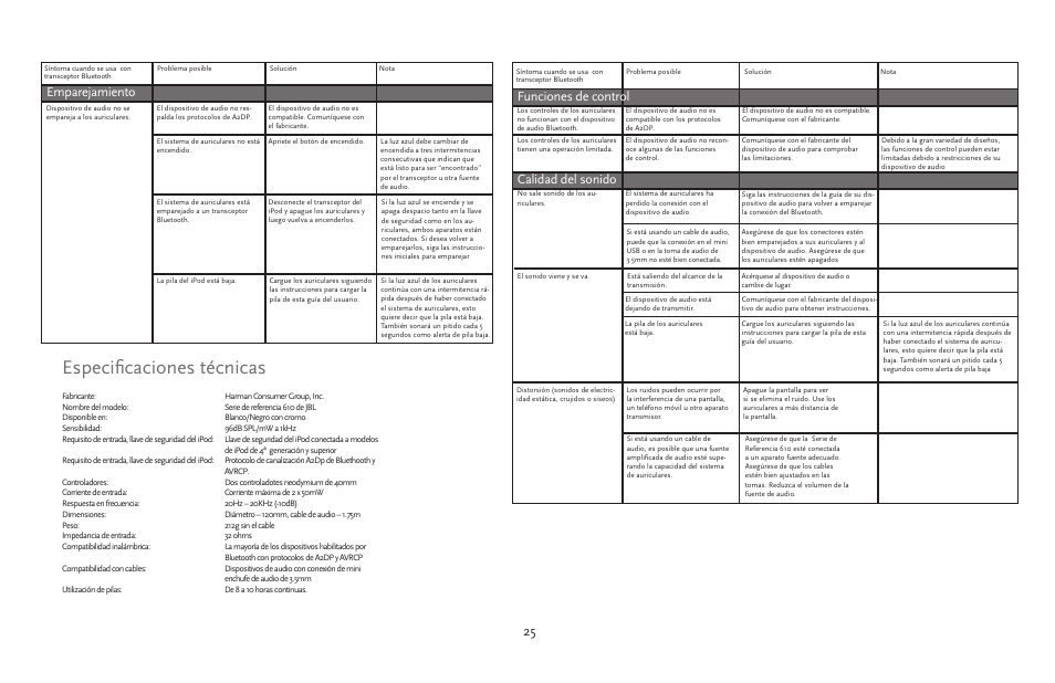 Especificaciones técnicas, 25 emparejamiento, Calidad del sonido | Funciones de control | JBL 610 User Manual | Page 25 / 68