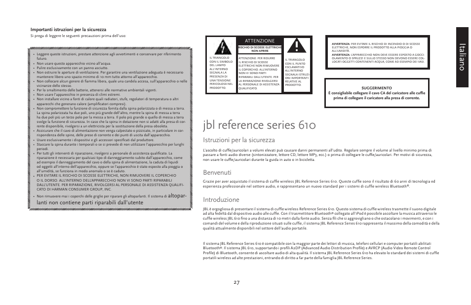 Jbl reference series 610, Italiano, Istruzioni per la sicurezza | Benvenuti, Introduzione | JBL 610 User Manual | Page 27 / 68