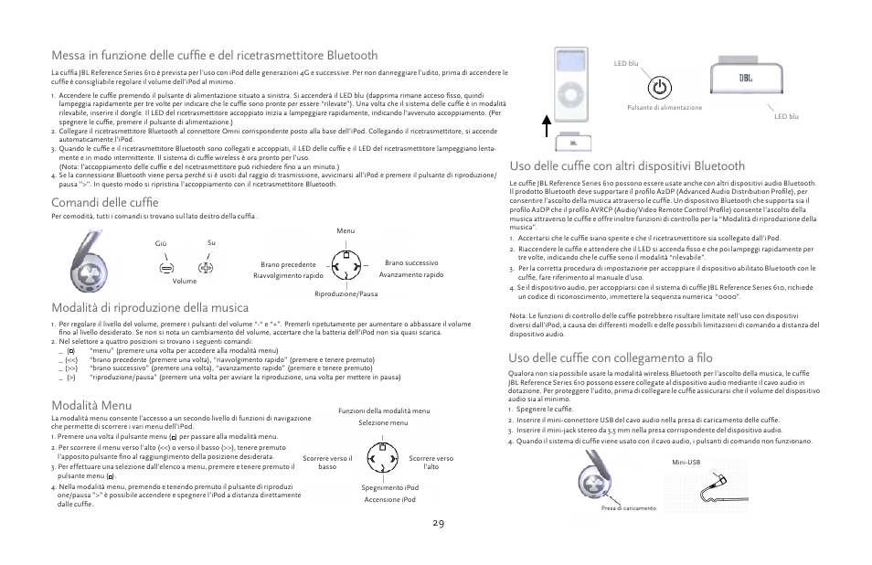 Modalità di riproduzione della musica, Comandi delle cuffie, Modalità menu | JBL 610 User Manual | Page 29 / 68