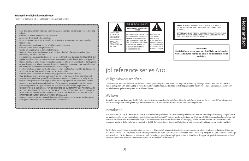 Jbl reference series 610, Niederländisch, Veiligheidsvoorschriften | Welkom, Introductie | JBL 610 User Manual | Page 33 / 68