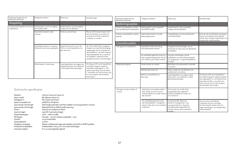 37 koppeling, Geluidskwaliteit, Bedieningsopties | Technische specificaties | JBL 610 User Manual | Page 37 / 68